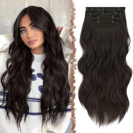 FESHFEN Clip in Hair Extensions 4PCS Thick Long Wavy Clip in Extension Full Head Synthetic Hairpieces for Women, 20 Inch Black Brown
