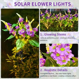 Neporal Solar Flowers Outdoor Waterproof Yellow, Decorative Garden Lights Solar Powered Dusk to Dawn, 8-Stem, 2 Lighting Modes Plants Lights for Yard, Backyard, Porch (Purple-2PK)