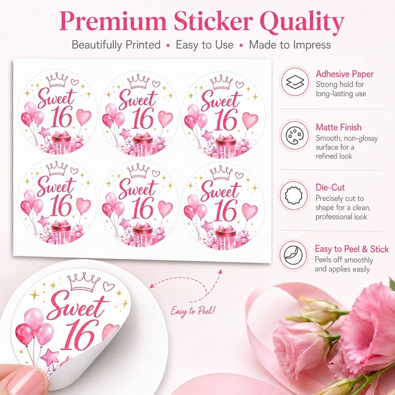 Sweet 16 Birthday Favor Stickers: 120 Paper Round Labels