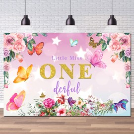 Miss Onederful Backdrop, Floral Butterfly Happy 1st Birthday Photography Background Wall Banner, Baby Girls 1st Birthday Party Decorations Supplies, 6x4ft
