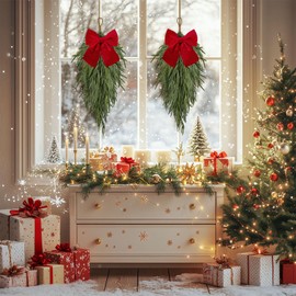 2 Pcs Christmas Swag with Velvet Bow,27.5inch Norfolk Pine Teardrop Swag,Christmas Teardrop Wreath for Door Window Mantle Fireplace Wall Indoor Outdoor Home Decor