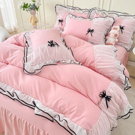 IHOUSTRIY Queen Comforter Set Pink, 3pcs(1 Princess Comforter & 2 Pillowcases) All Season Soft Ruffle Beddding Set with Bowtie Lightweight Bedspread Blanket Quilt Gifts