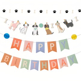 Dog Happy Birthday Banner, Colorful Dog Birthday Party Supplies,Paw Print Bone Themed Dog Birthday Decorations