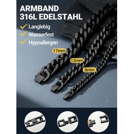 Prosteel men's bracelet, stainless steel, 18 carat gold-plated, black, curb chain bracelet for men, boys, heavy links, link chain bracelet, 19/21/23 cm, hip hop, rapper fashion jewellery 8 mm / 12 mm / 19.5 mm / 17 mm, Stainless Steel