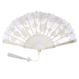 Jmkcoz Lace Handheld Folding Fan Embroidered Flower Decorative Folding Fans Chinese Japanese Hand Fan for 1920s Costume Wedding Bridal Dancing Tea Party (1, White)
