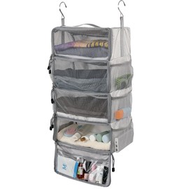 Surblue Travel Hanging Packing Cubes with 2 Hooks Hanging Shelves for Luggage Organizers Portable Compression 4 Shelf Closet Carry-on Suitcases Organizers, Medium, Lightgrey