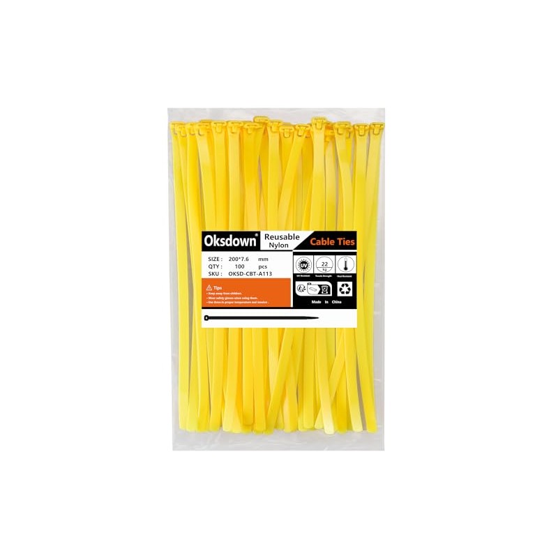 Oksdown Cable Ties Resealable Yellow 200mm × 7.6mm Pack of