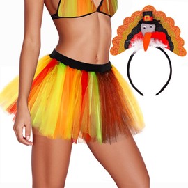 Jewemia Thanksgiving Tutu Turkey Tutu Adult Tutus Running Tutu Rave Turkey Outfit for Cosplay Party for Women and Girls (Turkey Tutu+Headband) Multicolor