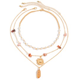 Anuoli Layered Crystal Sun Necklace, Boho Hippie Summer Beach Necklace, Boho Hippie Jewelry, Christmas Jewelry Gift for Women (Style02)