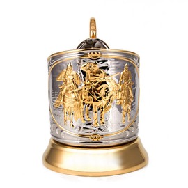 Kalchugino Metal Works Three Bogatyrs Podstakannik Gold-plated Classic Russian Tea Glass Holder/Russian Podstakannik for Hot or Cold Liquids