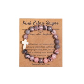 COLORFUL BLING Natural Healing Stone Cross Beaded Crystal Strand Adjustable Dangling Bracelet With Meaningful Card Inspirational Religious Gifts for Women Jewelry Turquoise Relief Anxiety-Zebra