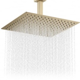 Cabezal de Ducha Tipo Lluvia, Cuadrado de 16 Pulgadas, para Montaje en Techo, Extragrande, de Acero Inoxidable, Ultrafino, en Cascada, Dorado Cepillad