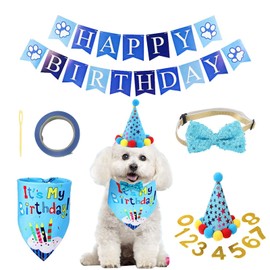 VTOPVMAX Dog Birthday Party Supplies, Birthday Bandana Boy, Dog Birthday Hat, Bow Tie, Birthday Numbers (Blue)