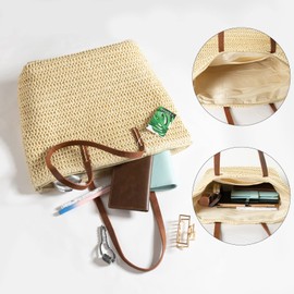 YXQSED Women's Woven Bag Round Summer Beach Bag Straw Shoulder Bags Handmade Shoulder Bags Large, 08-beige