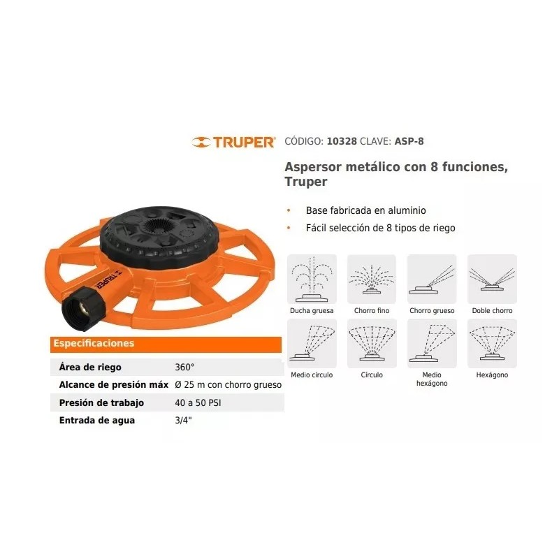Truper Aspersor Base Aluminio 8 Funciones Truper 10328
