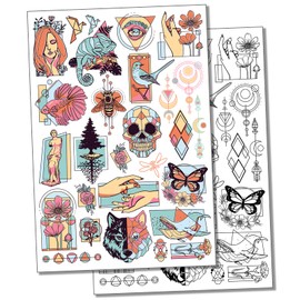 Geometric Shapes Flowers Animals Temporary Tattoo Water Resistant Fake Body Art Set Collection - Black (One Sheet)