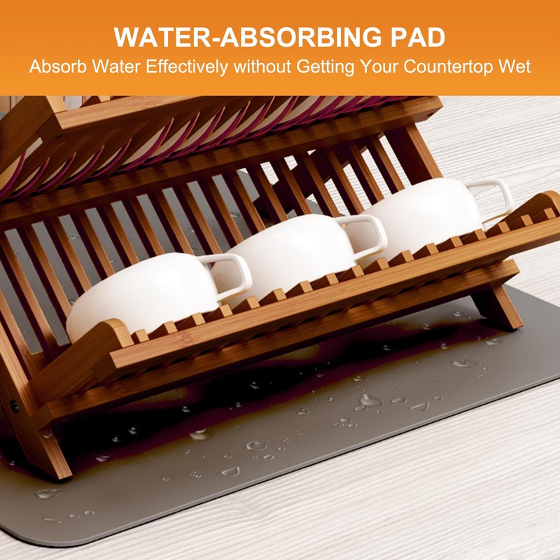 Greenual Teak Dish Drying Rack with Utensil Holder, 2 Tier