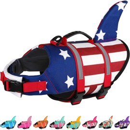 Dogcheer Dog Life Jacket Shark, American Flag Dog Life Vest with Reflective Stripes & Rescue Handle, Adjustable High Buoyancy Puppy Swim Float Vest for Small Medium Large Dogs(USA Flag, XS)
