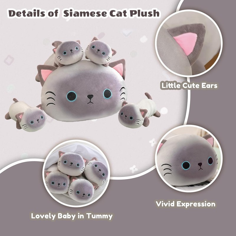 Kawaii Siamese Cat Plush – Mommy Cat with 4 Baby