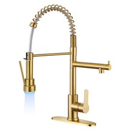 TRYSEA Modern Kitchen Faucet with Pull Down Sprayer,Stainless Steel Spring Sink Faucets Dual Spouts with LED Light,Brushed Gold Kitchen Sink Faucet with Pot Filler