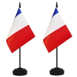 2 Pack France Desk Flag Set, French Desktop Small Miniature Table Office Flag with 12" Black Pole and Black Base, Offices, Classroom, Home, Festival Decoration (France)