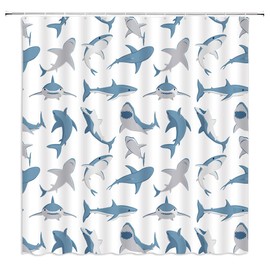 GCTNBJL Shark Shower Curtain Ocean Animal Shark Open The Mouth Fish Sea Marnie Underwater Nautical Bathroom Curtain with Hooks,Blue Gray White