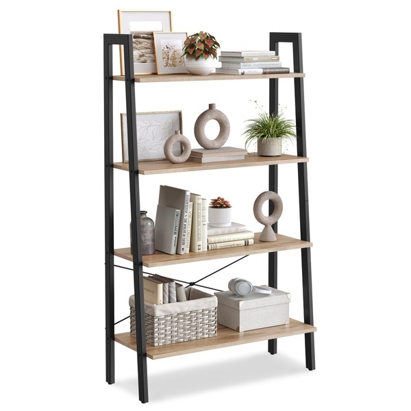 VASAGLE Ladder Shelf, 4-Tier Bookshelf, Storage Rack, Bookcase with Steel Frame, for Living Room, Home Office, Kitchen, Bedroom, Industrial Style, Camel Brown and Black ULLS144B50