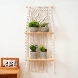 ETOFIXEE Macrame Shelf, Boho Shelf, Hand-Woven Floating Shelf, Double Layer, Boho Wall Shelf for Living Room, Bedroom, Balcony, Hallway