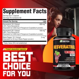 Resveratrol Supplement - 98% Trans-Resveratrol - 7050mg Formula Pills with Black Pepper Extract - 60 Capsules for Supports Immune System - 2 Month Supply