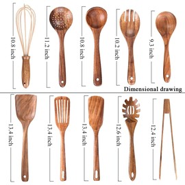 10 Pack Wooden Utensils for Cooking, Wood Utensil Set for Kitchen, Teak Wooden Spoon for Cooking, Non-Stick Spatula Ladle