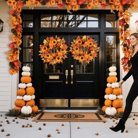 Pudate 22 Inch Fall Wreath for Front Door with Sunflowers Pumpkins Pinecones and Berries, Artificial Autumn Harvest Wreath for Thanksgiving Holiday Farmhouse Home Decor Indoor Outdoor