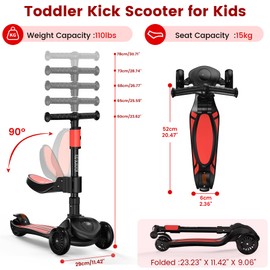 2-in-1 Adjustable Kick Scooter for Kids 3-5 (Suitable 3-12 Years),5-Level Handlebar & Removable Seat, LED Light-Up Wheels, Wide Deck, Foldable Design for Indoor/Outdoor Use - Girls & Boys, Black