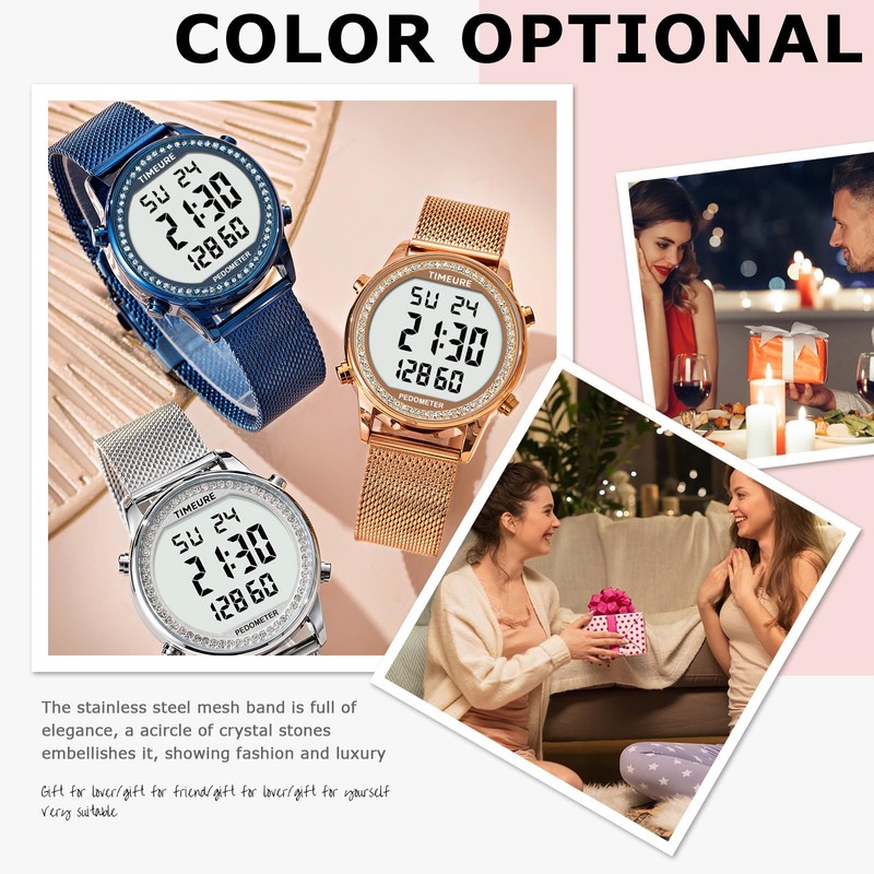 TIMEURE Women's Step Counter Pedometer Watch Crystal Stone, No App,