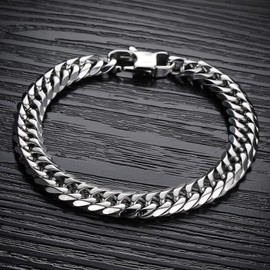 OSTAN Men's Stainless Steel Bracelet Rock Band Bangle Link Hip-Hop Chain Bracelet Width 8/9.5/12/14 mm Chain Length 20/21/22 cm Selectable Silver, Stainless Steel
