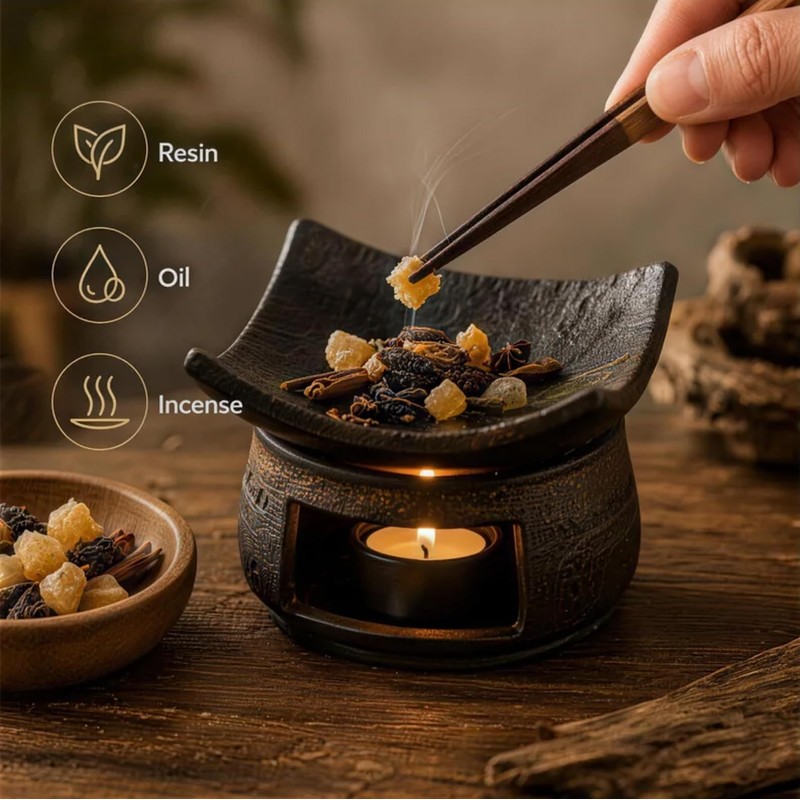 Ceramic Incense Burner with Wood Tweezer, Oil Burner for Oud