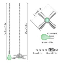 Dotlite Silver Ceiling Fan Pull Chain Set, 2Pack 3mm Diameter Beaded Fluorescent Decorative Pendant Extension, 12in Lighting & Fan Chain Extender with Connector Glow in The Dark(Silver)
