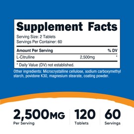 Nutricost L-Citrulline 2500mg Per Serving, 60 Servings, 1250mg Per Tablet, 120 Tabs - Non-GMO and Gluten Free Supplement