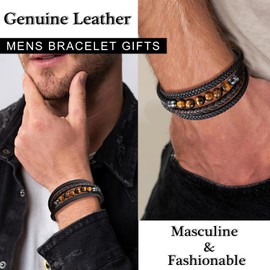 Gkmamrg Men's Leather Bracelet Gifts for Men – Leather Bracelet Natural Stone Tiger's Eye Stone Pearl Bracelet Men's Bracelet, Leather