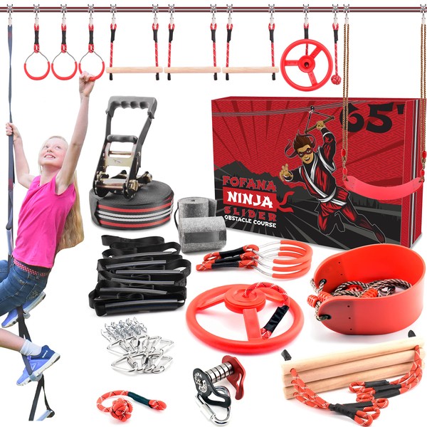 65 FT Largest Ninja Warrior Obstacle Course for Kids Outside - Ninja Slider Zipline Included - 11 Ninja Course Obstacles - Climbing Ladder, Spinning Wheel, Gym Rings, Monkey Bars, Pulley