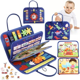 OFIKAL Busy Board Bag for Toddler with Zipper Removable 5 Page, Sensory Activity Developing Board Toys for Preschool, Quiet Book Educational Toys, Montessori Learning Early Education Travel Toy(Blue)
