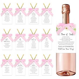 Diartpaint Floral Theme Marriage Wine Bottle Tags with Bow Ribbon Decor Set, Wedding Firsts Wine Basket Ideas, Pink Wine Bottle Labels Hanging Signs Bridal Shower Milestone Supplies Favors