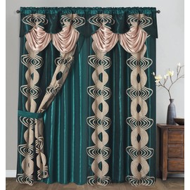GOHD Spinning Singer. Clipped Voile. Voile Jacquard Window Curtain with Attached Fancy Valance and Taffeta Backing. 2pcs Set. Each pc 54 inch Wide x 90 inch Drop + 18 inch Valance. (Hunter Green)