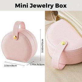 Jewelry Box Travel,Portable Jewelry Box Small,Round Organizer PU Leather with Hand,Jewelry Boxes for Women Girls for Rings Earrings Necklaces Bracelets,Prenset for Birthday Wedding Christmas (Pink)
