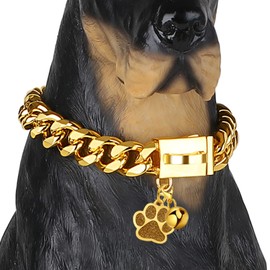 LuxLife Gold Chain Dog Collar Cuban Link Dog Chain 15mm with Secure Snap Buckle 18K Gold Plated Stainless Steel Metal Dog Chain Collars for Puppy Small Medium Large Dogs Includes Dog tag & Bell(10")