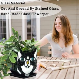Tiffany Cute Cat Stained Glass Flower Pots,Indoor and Outdoor Plant Displays,Black Cat Plant Planter,Candle Holder Container Decoration 4.6 x 5.15 x 3 inch(Without Succulents)