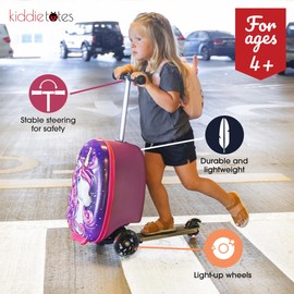 KIDDIETOTES Ride-On Scooter Suitcase for Kids – Hardside Lightweight Carry-On Luggage with Foldable Scooter, LED Wheels, Travel Fun for Toddlers & Children