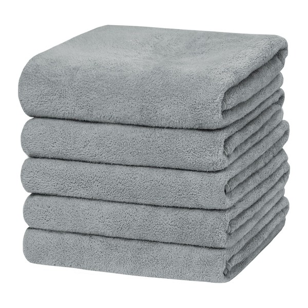 Etech Bath Towels, Microfiber, 23.6 x 47.2 inches (60 x 120 cm), Set of 5, Lightweight, Fluffy, Soft to the Touch, Absorbent, Easy to Dry, Durable, Antibacterial, Odor Resistant (Gray_5 Sheets)
