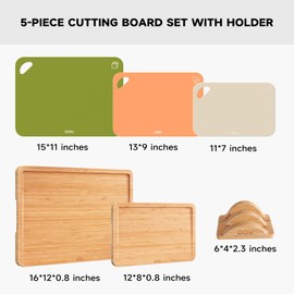 OOU Bamboo Cutting Board Set With Holder, 2 Wood Cutting Board and 3 Plastic Cutting Boards with Food Icons, Wooden Cutting Boards For Kitchen, Charcuterie & Chopping Boards for Meat