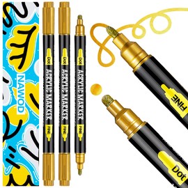 NAWOD 3 Gold Acrylic Paint Pens, Dual Tip Acrylic Paint Markers (Fine 1mm + Dot 5mm), Acrylic Markers for Rock, Fabric, Canvas, Glass, Wood, Ceramic, Paper, DIY, Paint Markers for Kids and Adults