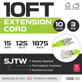 Iron Forge Cable 10 Gauge Extension Cord 10 ft, 10/3 Heavy Duty Extension Cord 3 Prong Lighted End, SJTW Weatherproof Light Green Outdoor Power Cable for Major Appliances, 15 AMP